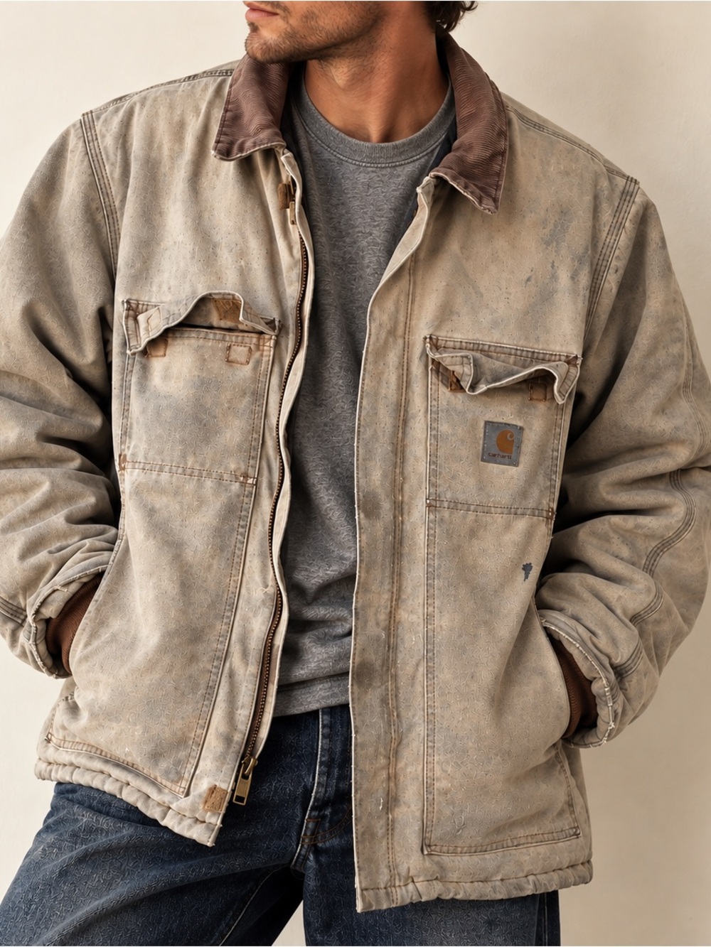 Vintage 90s Carhartt Blanket Lined Duck Chore Coat Distressed Hooded Jacket